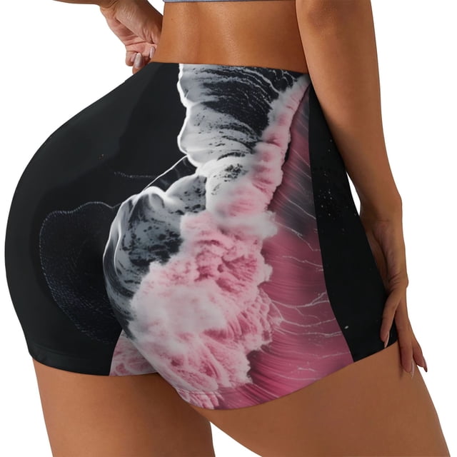 Fotbe Pink White Ocean Waves Shorts Sin Costuras – Shorts Deportivos de Cintura Alta para Mujer, Elásticos para Gimnasio, Yoga, Running o Ciclismo-Medium