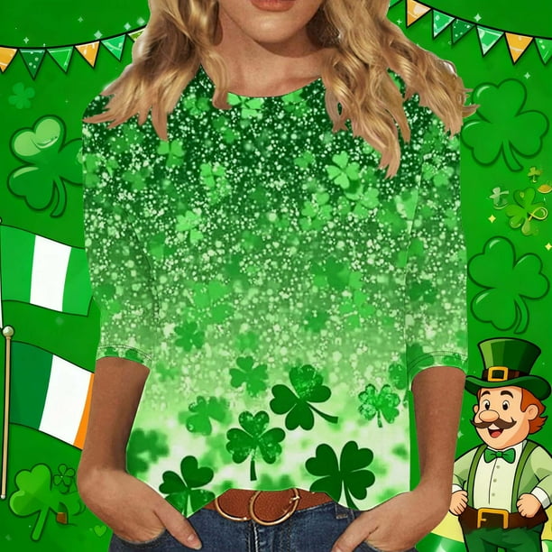 RKSTN 3/4 Length Sleeve Womens Tops Oversized Crewneck St Patricks Day Lucky Shamrocks Graphic Print T Shirt Womens Casual Plus Size Round Neck Loose Irish Festivities Three Quarter Sleeve Shirt