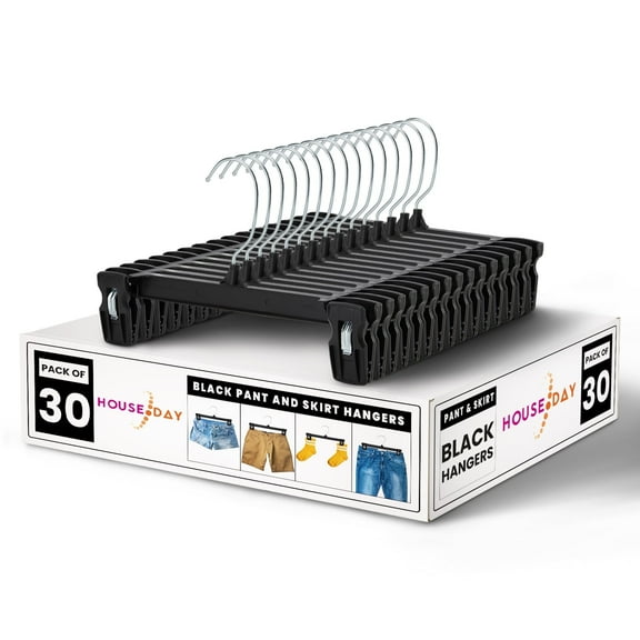 ACSTEP 10 Inch Pants Hangers Space Saving, Plastic Skirt Hanger with Non-Slip Big Clips and 360 Rotatable Chrome Hook, 30 Pack, Black