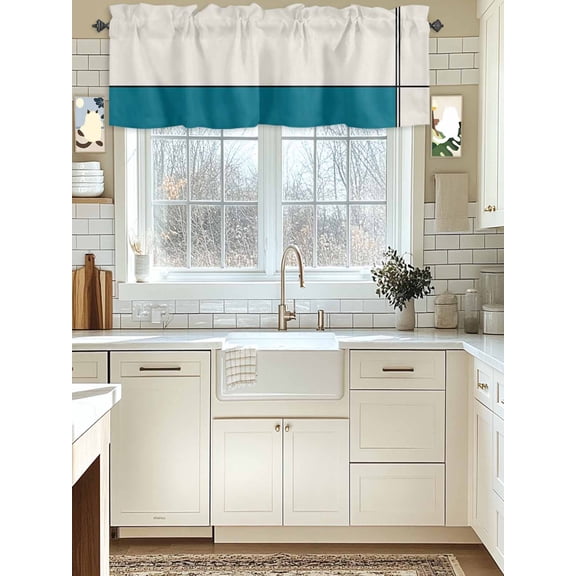 Kitchen Valances for Window, Abstract Teal White Color Blocks Light Filtering Rod Pocket Valance Curtain, Simple Geometric Art on Linen Short Curtains Window Topper for Bedroom Living Room 54x18in