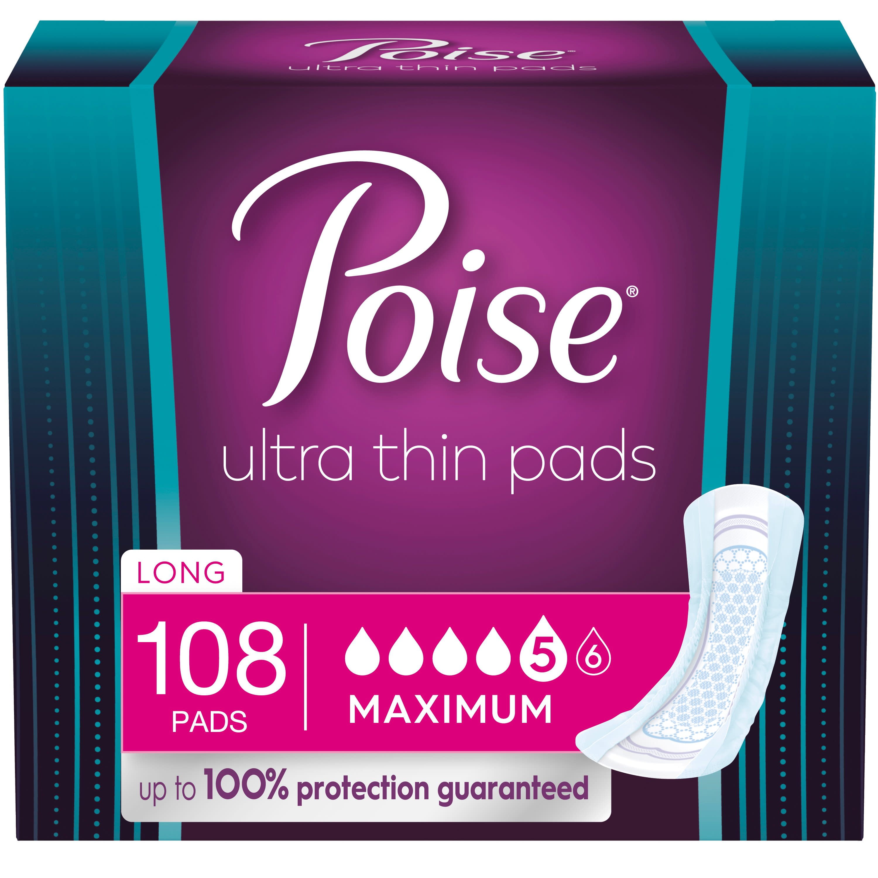 Poise Ultra Thin Incontinence Pads for Women, Maximum Absorbency, Long