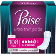 Poise Ultra Thin Incontinence Pads, Maximum Absorbency, Long Length, 108 Ct (3 Packs of 36)