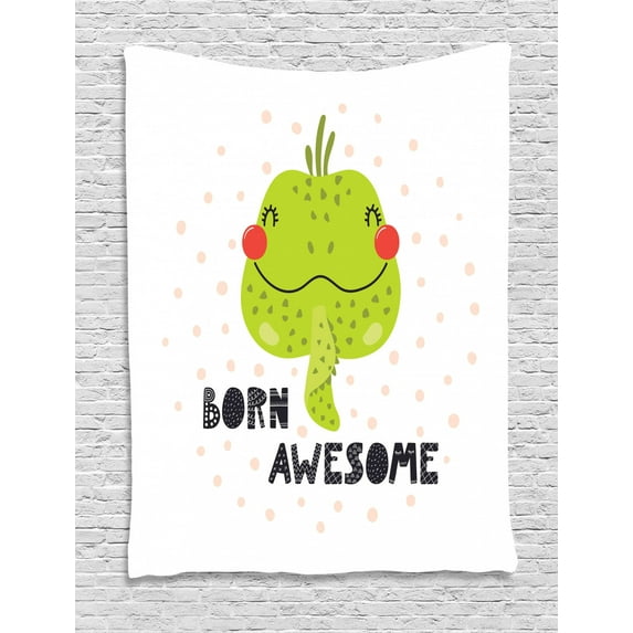 Smile Tapestry, Encouraging Phrase with a Funny Iguana Face, Wall Hanging for Bedroom Living Room Dorm Decor, 60W X 80L Inches, Yellow Green Dark Salmon Dark Grey and Pale Peach, by Ambesonne