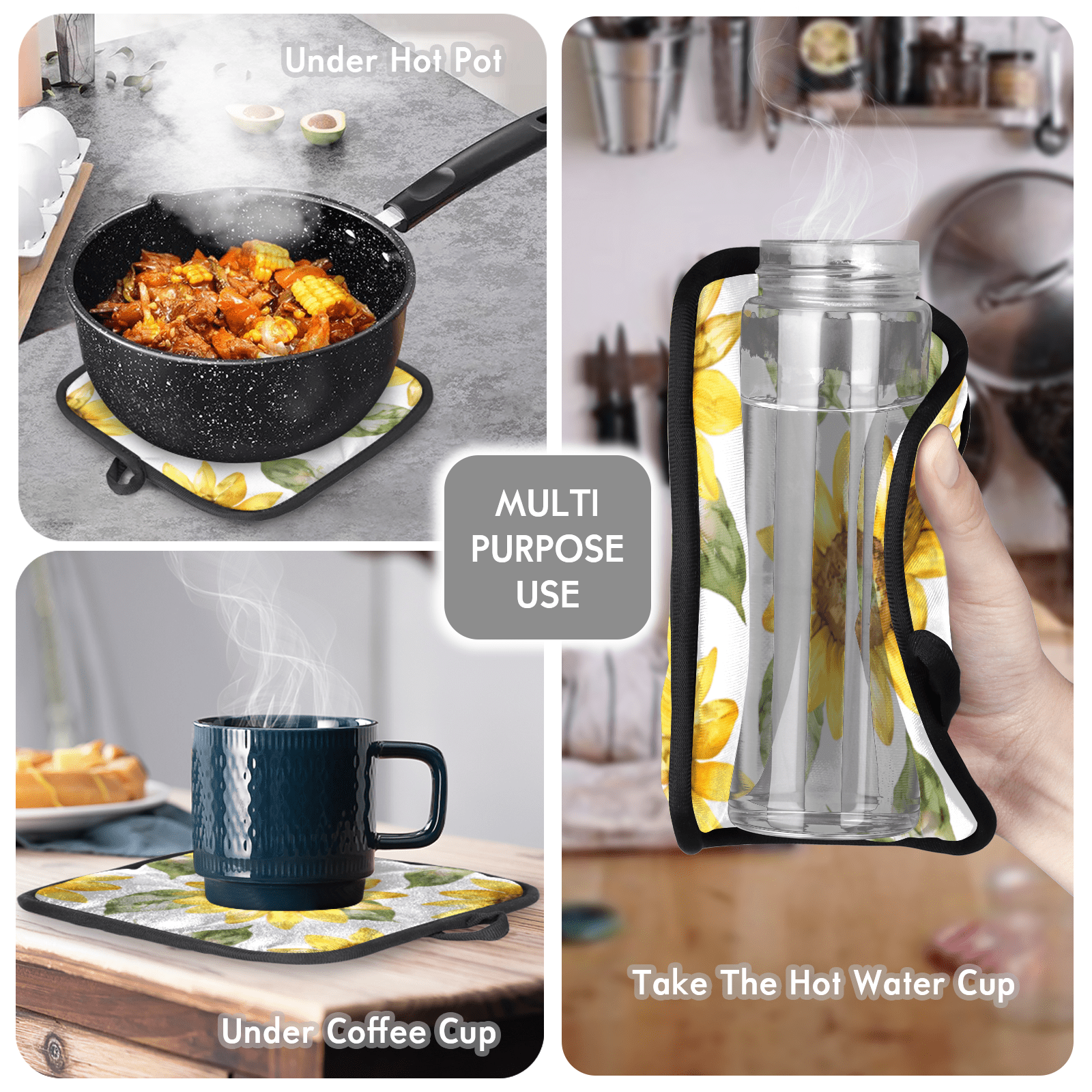 CURLYOOT Sunflower Oven Mitts and Pot Holders Sets of 2, Non-Slip Washable Spring Floral Hot Pads and Oven Gloves for Kitchen Cooking Baking