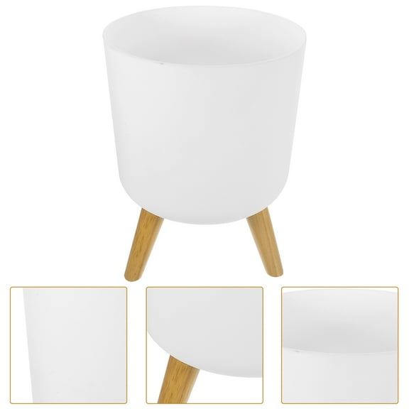 BESTOYARD White Plastic Flowerpot with Wood Stand Suitable for Indoor Plants and Garden