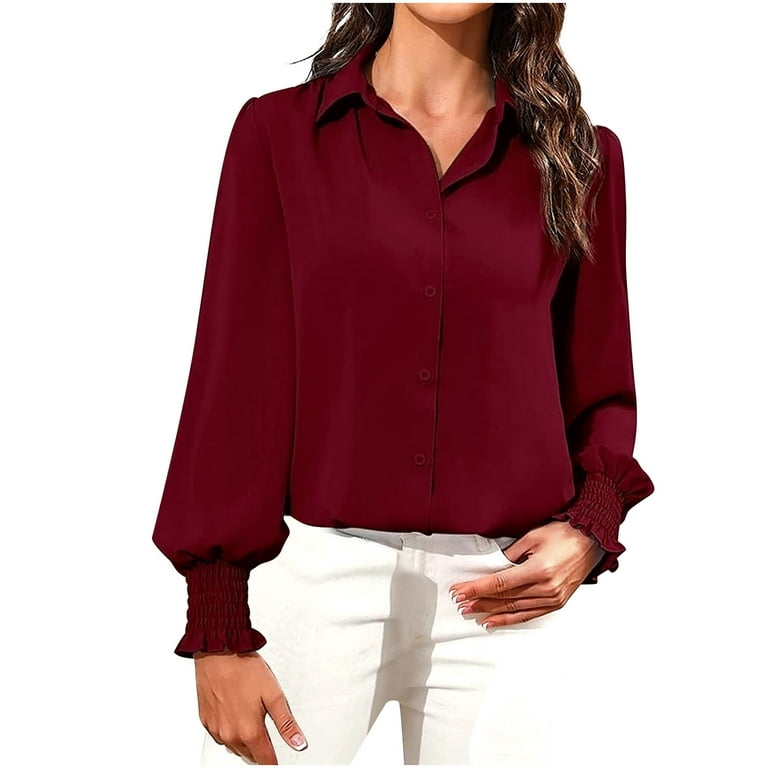 Zanvin Fall Shirts Sales Clearance! Women Fashion Solid Color Lapel Blouse  Elegant Long Sleeve Button T-Shirt Tops, Wine, L