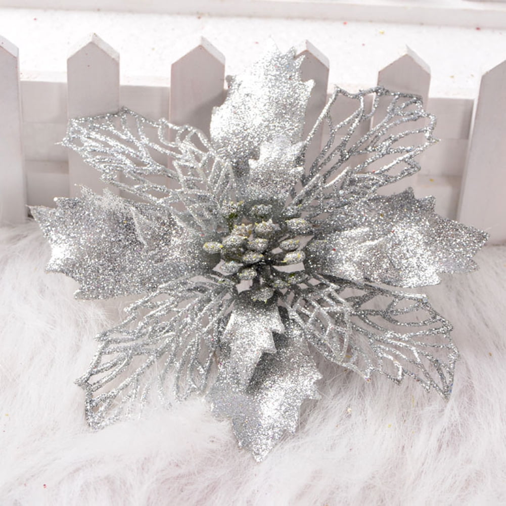 Simulation Christmas Glitter Hollow Flower Wedding Artificial Flowers Christmas Tree Ornaments Decoration