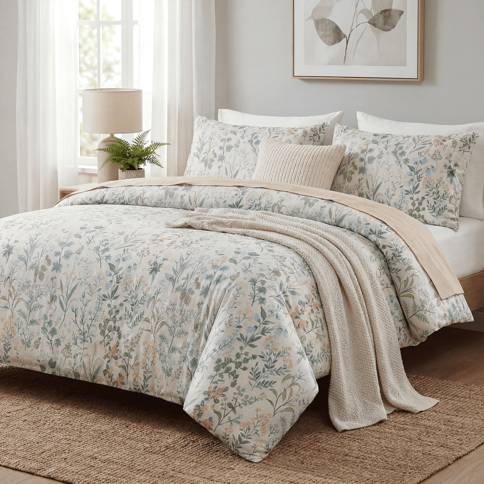 Duvet Cover 100% Cotton Comforter Cover Green Floral Breathable Duvet Cover with Zipper Closure & Corner Ties 3 Pcs Green Fragrant Grass Duvet Cover Set