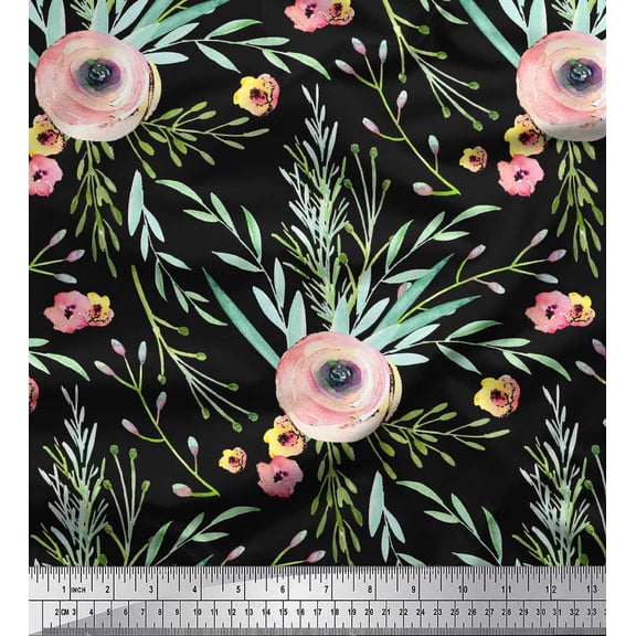 Soimoi Black Cotton Duck Fabric Leaves & Ranunculus Floral Printed Fabric 1 Yard 42 Inch Wide