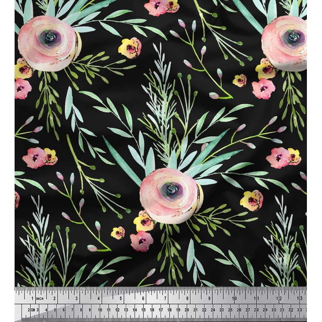 Soimoi Black Cotton Poplin Fabric Leaves & Ranunculus Floral Print Fabric by Yard 56 Inch Wide