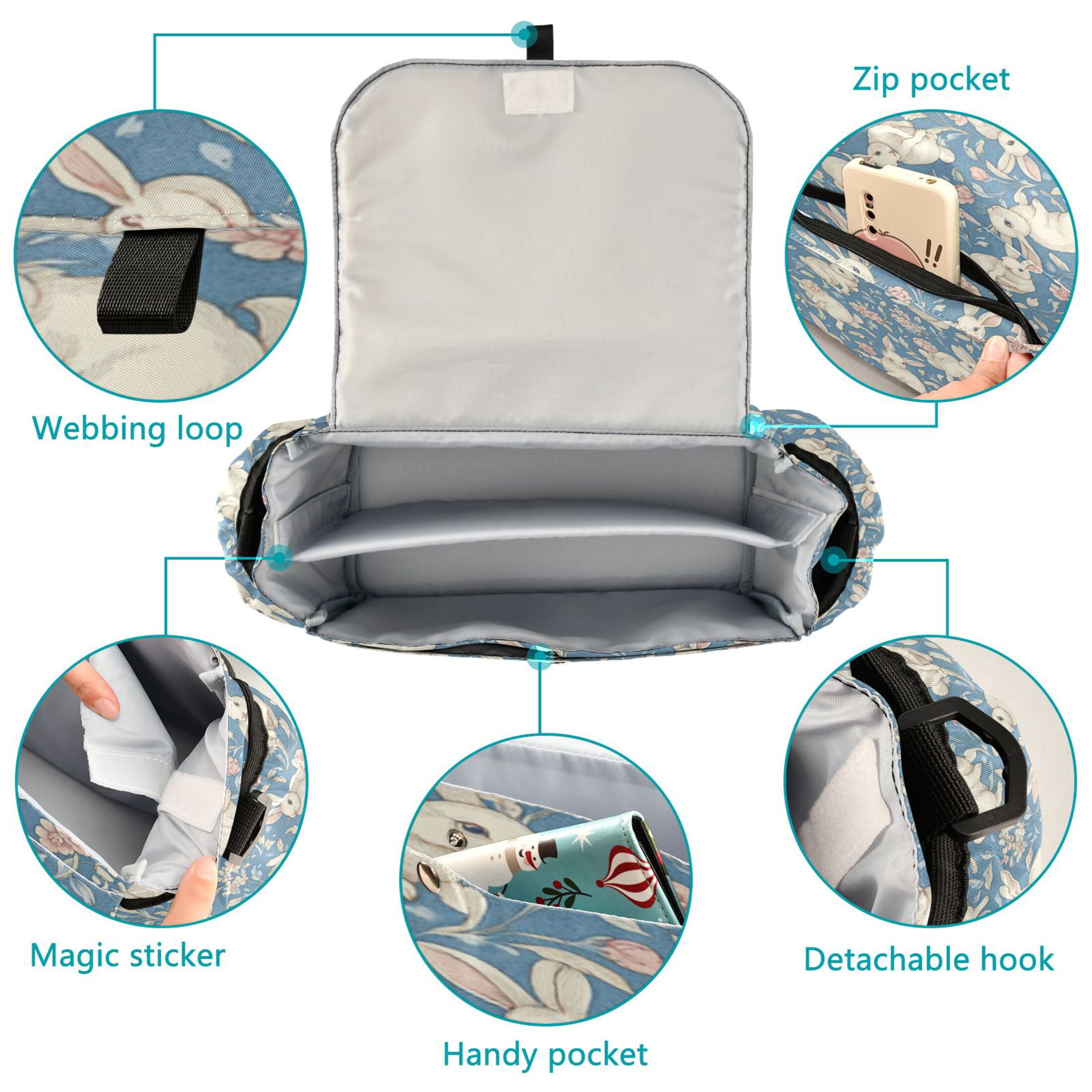 DIXRUYEE Stroller Organizer Floral Bunny Patterns Printed