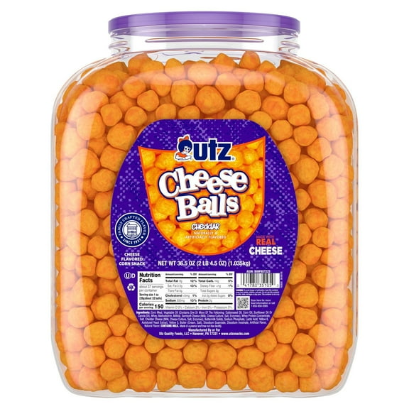 Utz Cheese Balls Barrel, Tasty Snack Baked H2FSDwith Real Cheddar Cheese, Delightfully Poppable Party Snack, Gluten, Cholesterol and Trans-Fat Free, Kosher Certified, 36.5 Oz
