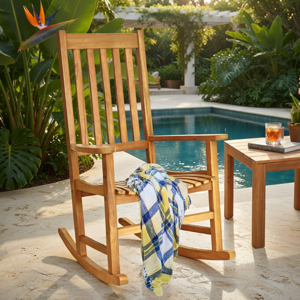 Hommoo Acacia Wood High-Back Rocking Chair for Indoor & Outdoor Use, Patio, Balcony & Backyard Comfort Chair, Natural