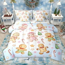 Manfei Christmas Gingerbread Man 7pcs Bedding Comforter Set, Xmas Tree Snowflake Candy Queen Bedding Sets, Blue Christmas Cartoon Reversible Queen Sheet Sets, Luxury Bedroom Decor