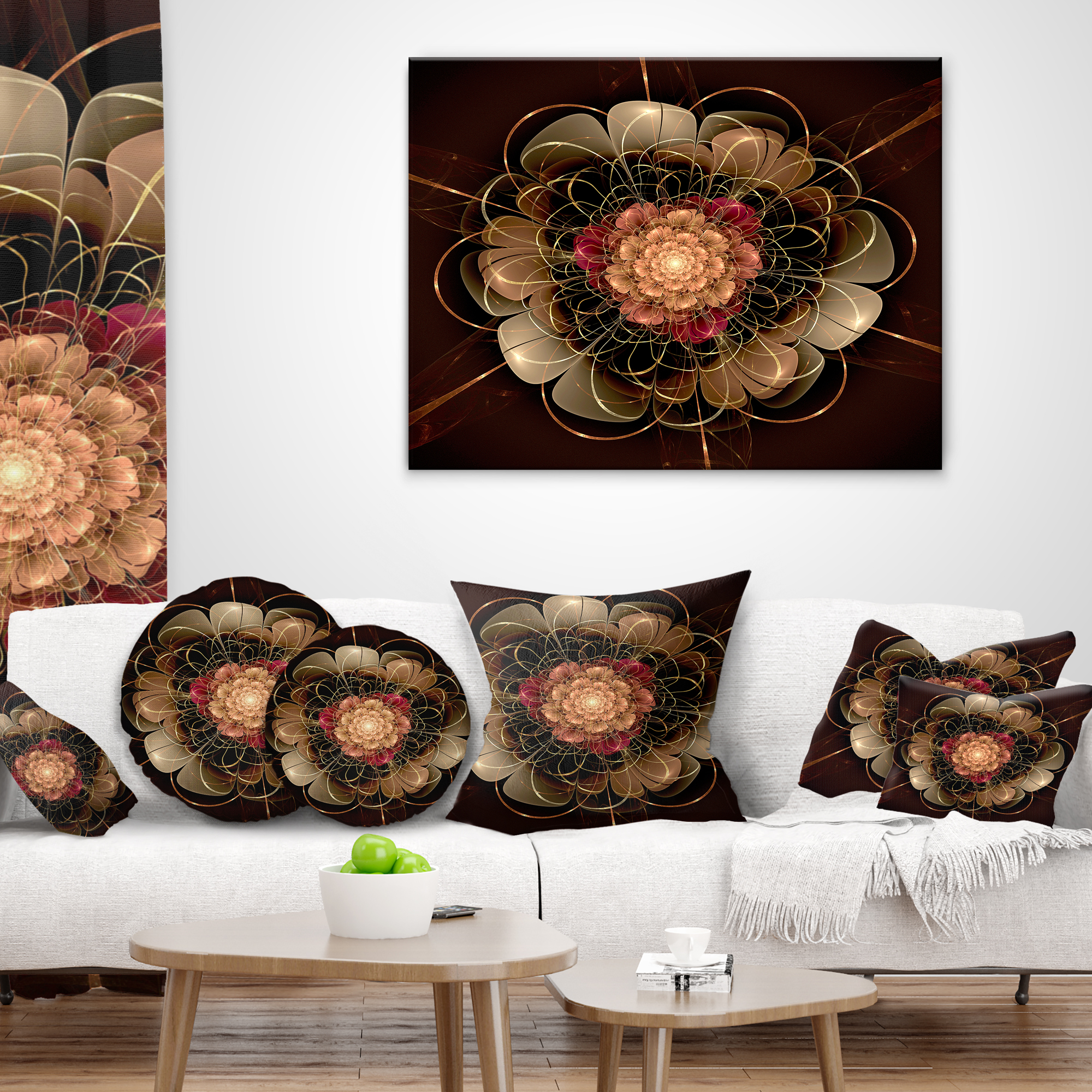 Designart Dark Gold Red Fractal Flower Pattern - Floral Throw Pillow - 16x16