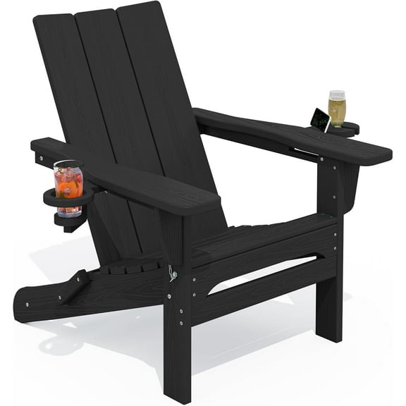 Hyxoo Adirondack Chair with Dual Cup Holders, Folding Modern Adirondack Chair, HDPE Outdoor Fire Pit Chair for All Weather Using, Black