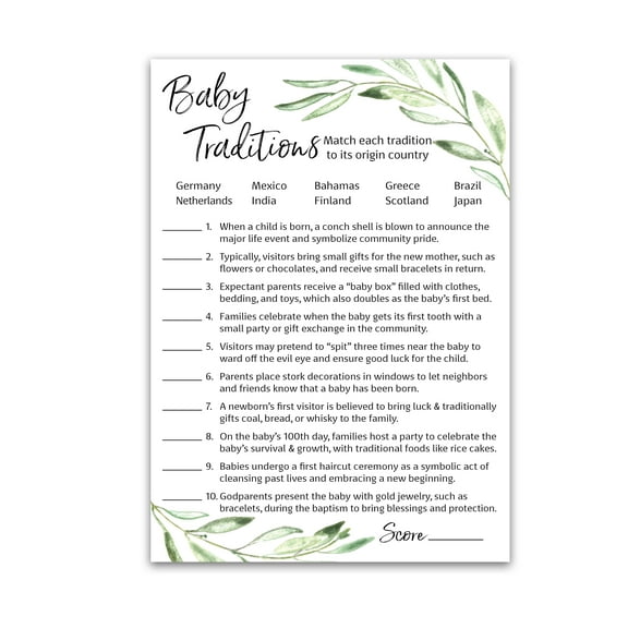 GREENERY Baby Shower Game — BABY TRADITIONS around the World Game — Pack of 25 — Fun Facts Games, Floral Green Olive Branch Trivia Baby Shower Activity, Rustic Gender Neutral Baby Shower G320-BTW1