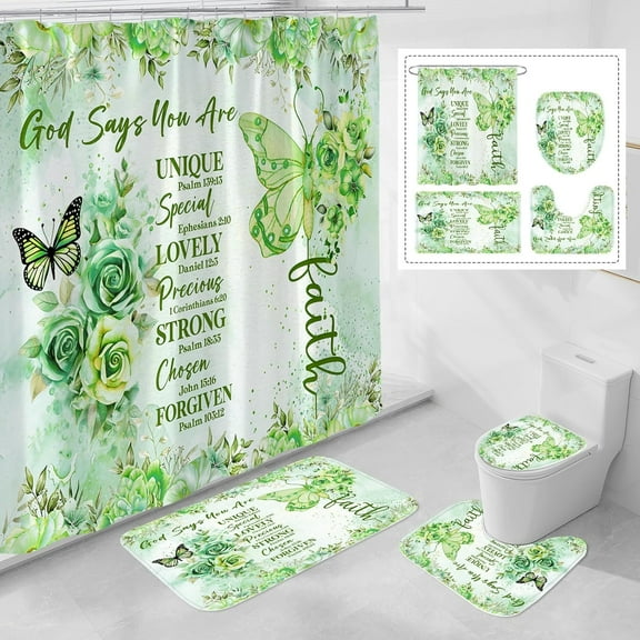 4 Pcs Green Butterfly Inspirational Quotes Shower Curtain Sets with Rugs and Toilet Lid Cover, Colorful Boho Waterproof Fabric Bathroom Set, Bible Verse Floral Bathroom Decor Set Accessories