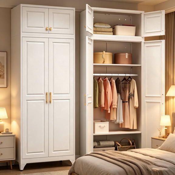 Polup 86“ Tall Metal Sturdy Armoire Wardrobe Closet, White Wardrobes with Doors and Shelves