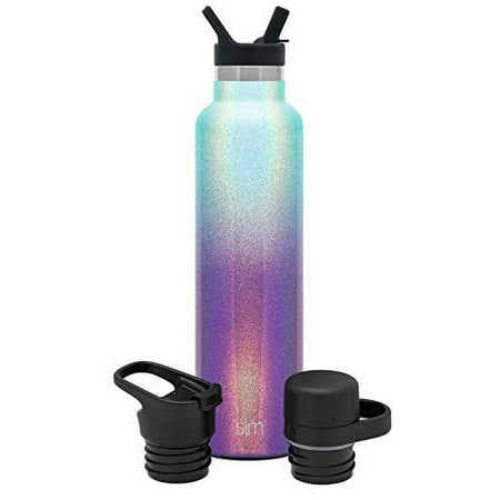 Simple Modern Insulated Water Bottle with 3 Lids: Straw, Flip, and Chug Reusable Ascent Narrow Mouth Stainless Steel Thermos Flask, 24oz, Shimmer: Aurora