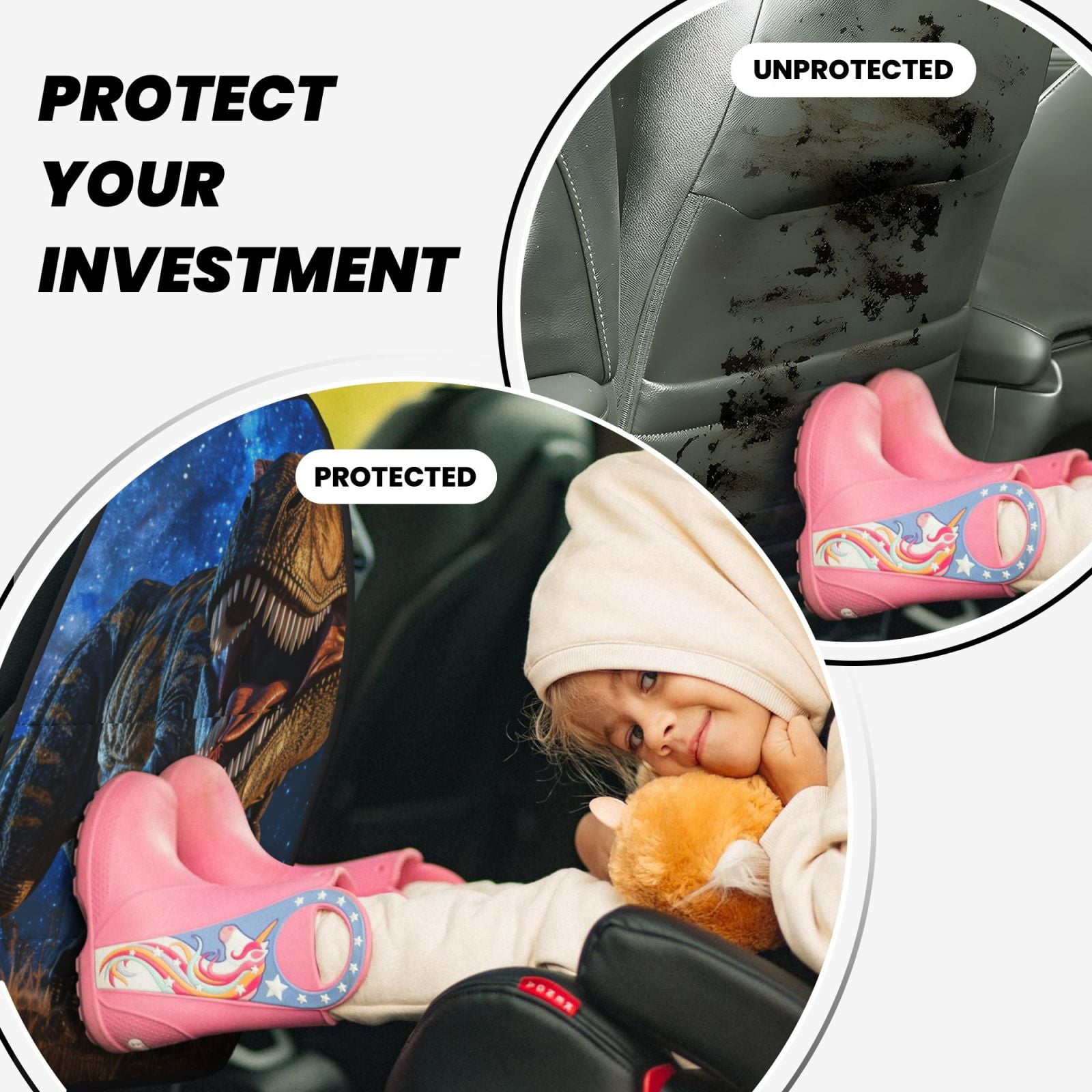 Kdxio Starry Night Charging Dinosaur Print 2 Pack Car Kick Mat Seat Cover Back Protector Mat with Pockets for Organizer Backseat Protector and Storage Anti Kick Pad for Vehicles