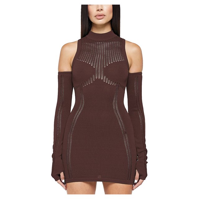 Mrat Chandail pour Femmes Robe Chandail Mini Couleur Unie Sans Manches avec Manches Longues Robe Chandail Ajourée Longue Surdimensionnée S-85 Marron G