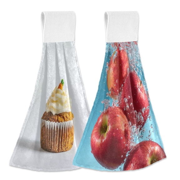 IAUYY Kitchen Hanging Towels Set of 2 100% Polyester Absorbent, Super Soft Hand Towels with Hanging Loops for Bathroom Kitchen Carrot Cake Four