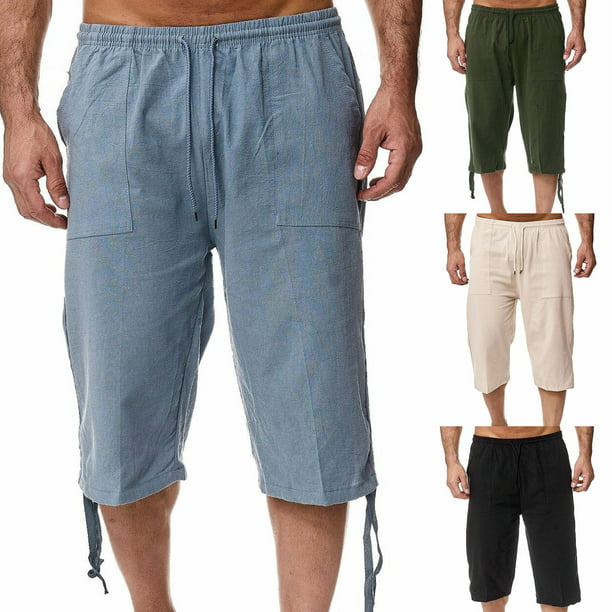 NEWwt Capri Pants Solid Color Drawstring Men Multi Pockets Straight Leg ...