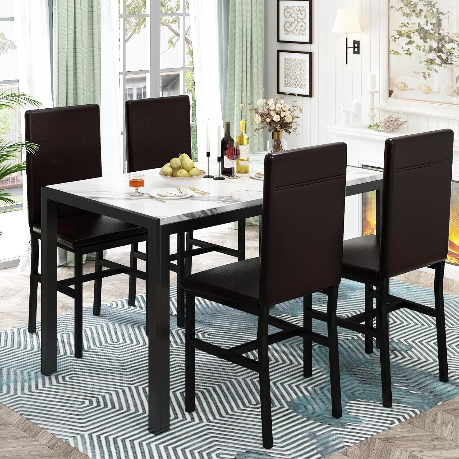 AWQM Marble Kitchen Dining Table Set, Dining Table Set for 4 with 4 PU Leather Upholstered Chairs, Metal Frame, Small Space Dining Table Set for Apartment, Kitchen, Dining Room, White/Brown