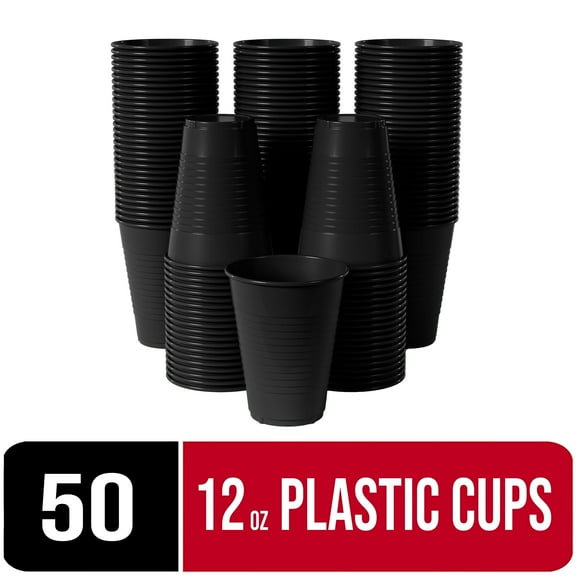 Exquisite 50 Ct 12 Fl Oz Black Disposable Plastic Cups, Heavy Duty Party Cups, 1 Pack