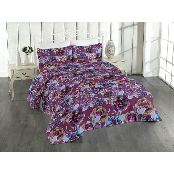Ambesonne Cactus Flowers Quilted Bedspread Set 3 Pcs, Modern Desert Floral, King, Dark Magenta Ceil Blue