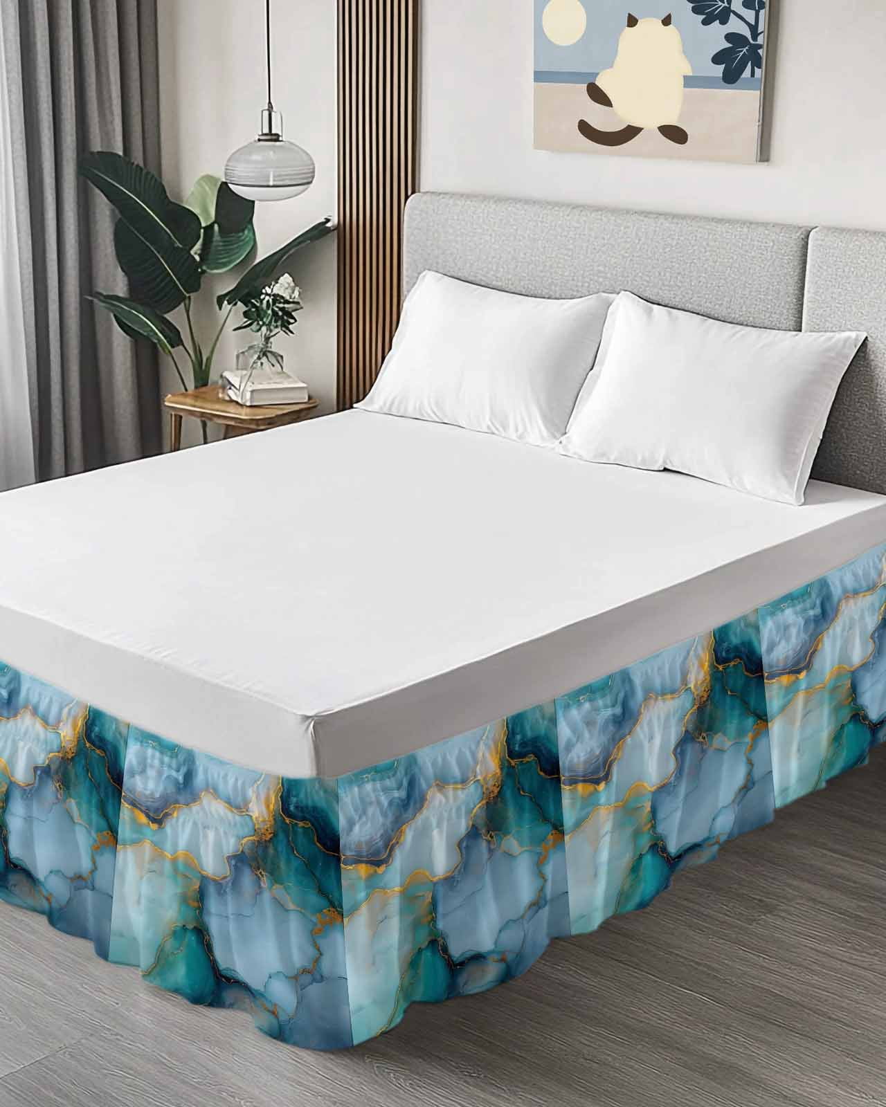 Marble Teal Yellow Wrap Around Bed Skirts for Queen Bed 16" Drop, Bed Skirt with Adjustable Elastic Belt Dust Ruffle Bed Valance for Bedroom Hotel Luxury Abstract Art Ink Painting Bed Frame Cover
