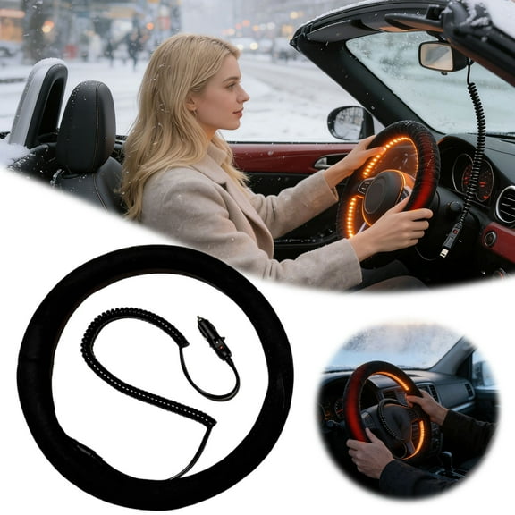 Heated Steering Wheel Cover - 2026 New Cord Steering Wheel Heater Suede Cover, 12V Heated Cover, Rechargeable Heated Steering Wheel Cover, Fits Wheels 14.5-15.5" For Car Truck Van Suv,Black,1PCS