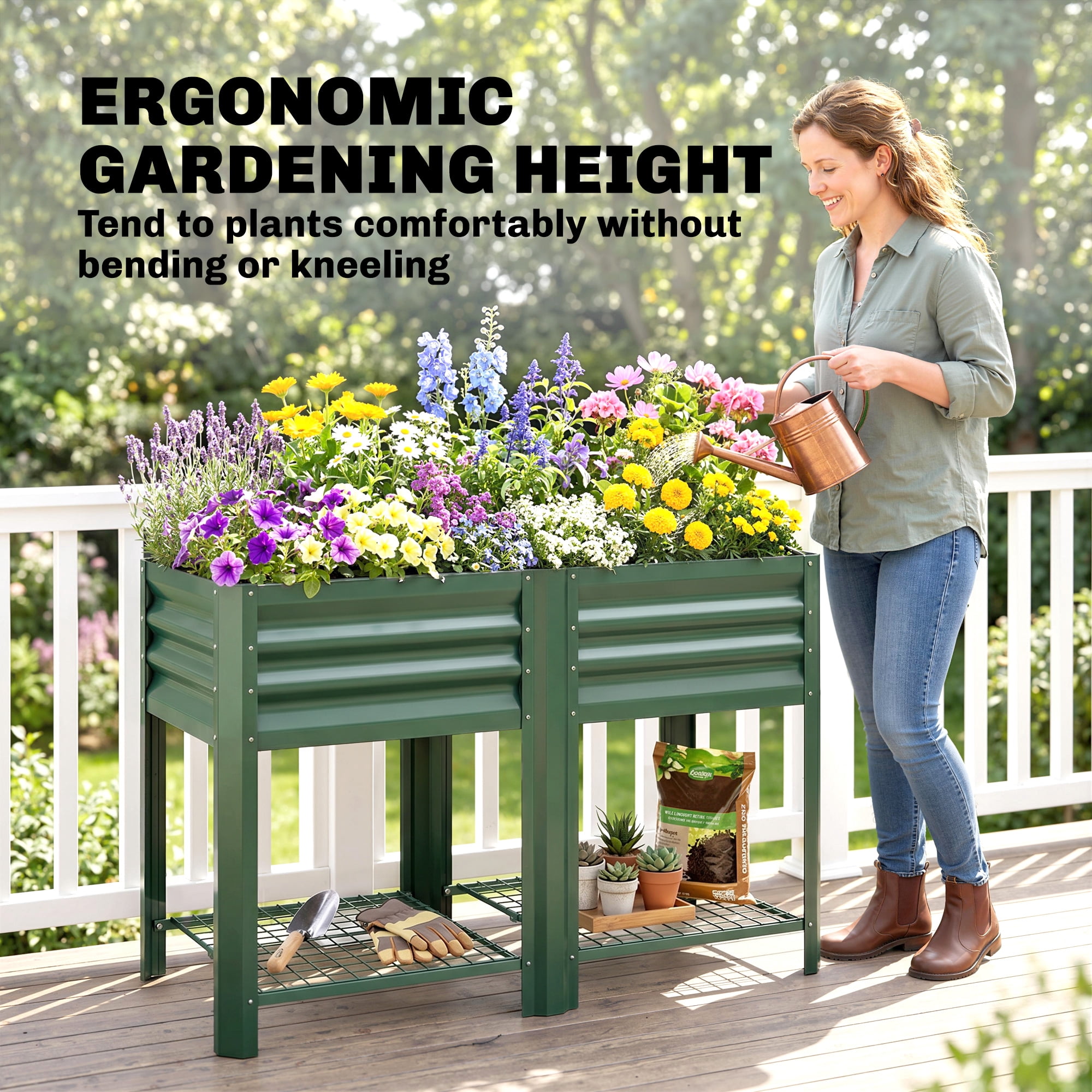 Outsunny Raised Garden Bed Galvanized Steel, Elevated Planter Box with Storage Shelf, Bed Liner, Green