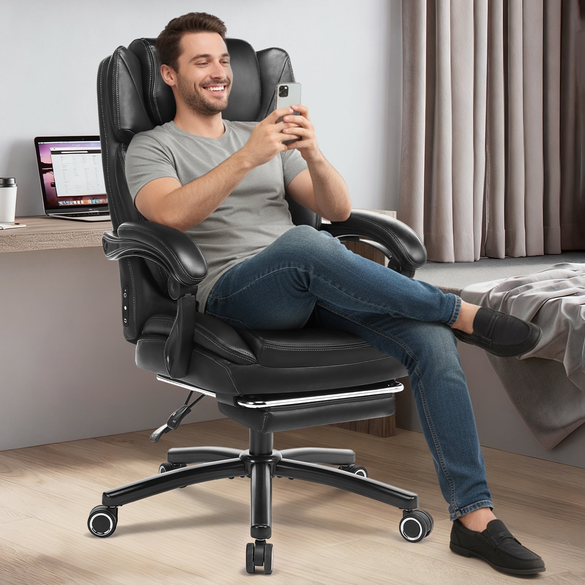 EOP 500LBS Big and Tall Office Chair with Footrest, Rocking Heated Massage High Back Computer Chair, 3D Linkage Armrests Desk Chair with Lumbar Pillow, Class-3 Gas Lift, Black