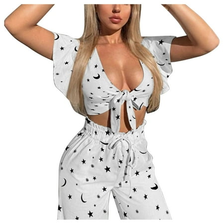 

Dadaria 2 Piece Outfits for Women Shorts Set Summer Holiday V Neck Print Short Sleeve Long Pants 2 Pieces Suit Party White M Female