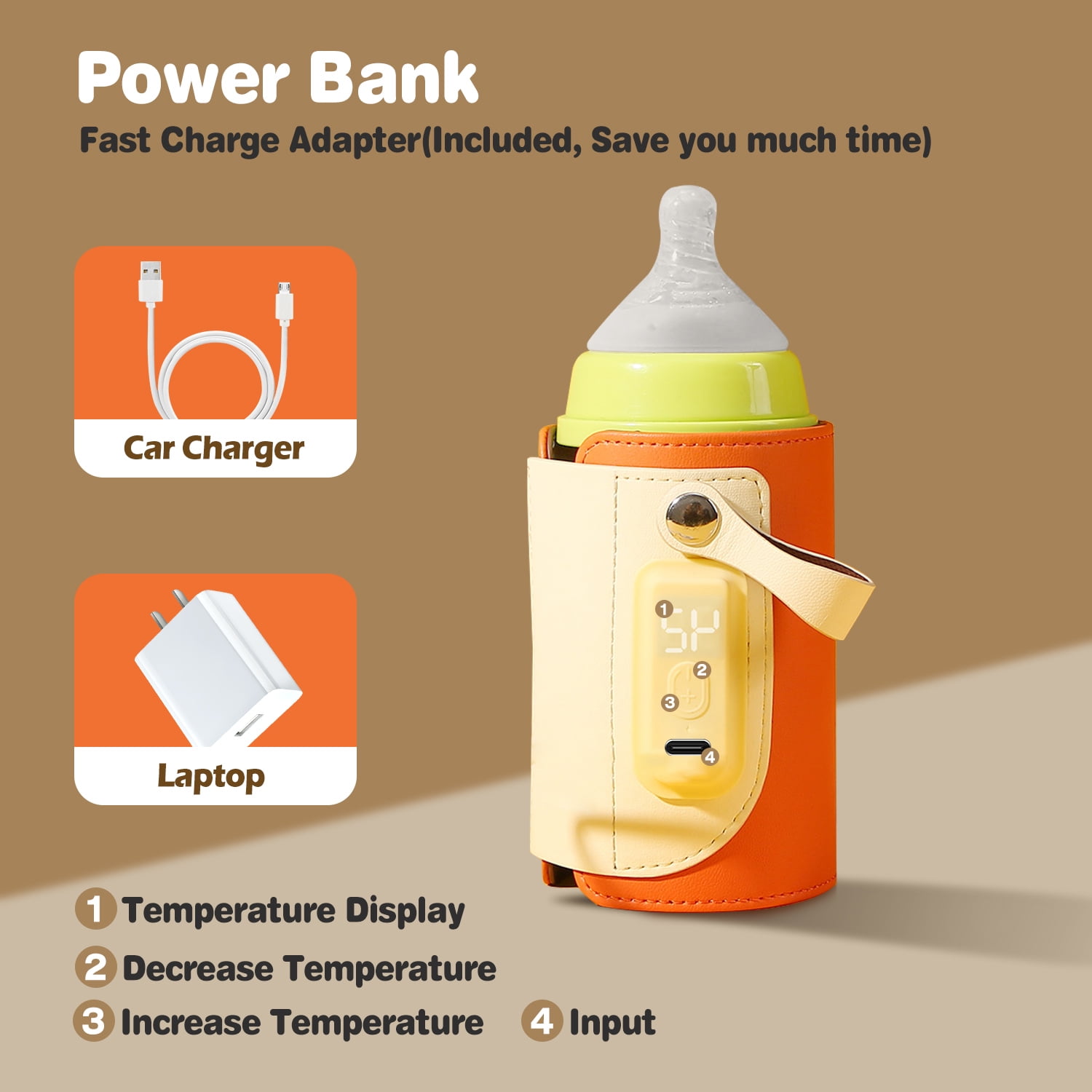 Portable Toddler Milk Warmer 5 Temperature Adjustable TeqHome Handhold Bottle Warmer with Fast Charge Adapter for Outdoor Car Travel