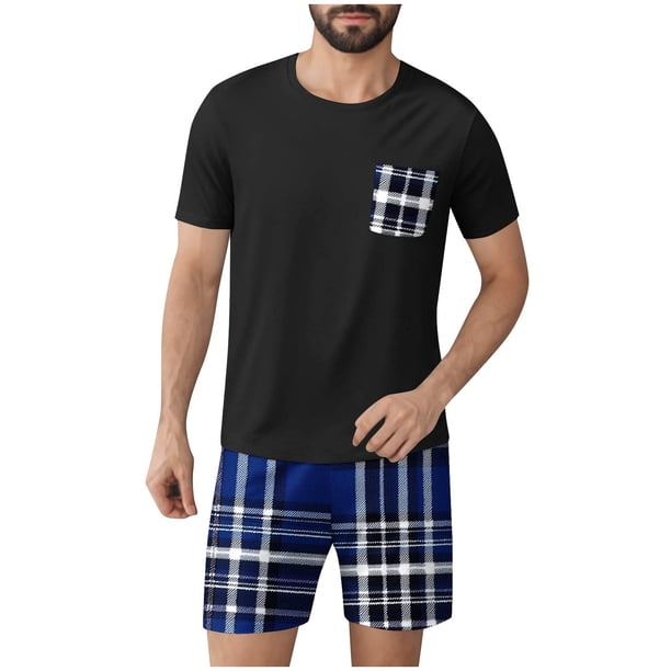 Mangas de Mano para Hombres Plaid Casual Home Sleepwear Manga Corta Cuello Redondo Top Y Pantalones Cortos Set, Algodón Poliéster Sala de Desgaste