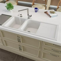 Pemberly Row White 46" Double Bowl Granite Composite Kitchen Sink w/ Drainboard