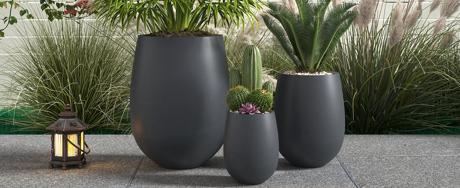 Mintazer Modern Planter Set of 3, 15.6"/10.74"/7.3" Round Stackable Flower Pots with Drainage Holes, Decorative Plant Pots for Indoor & Outdoor, Black