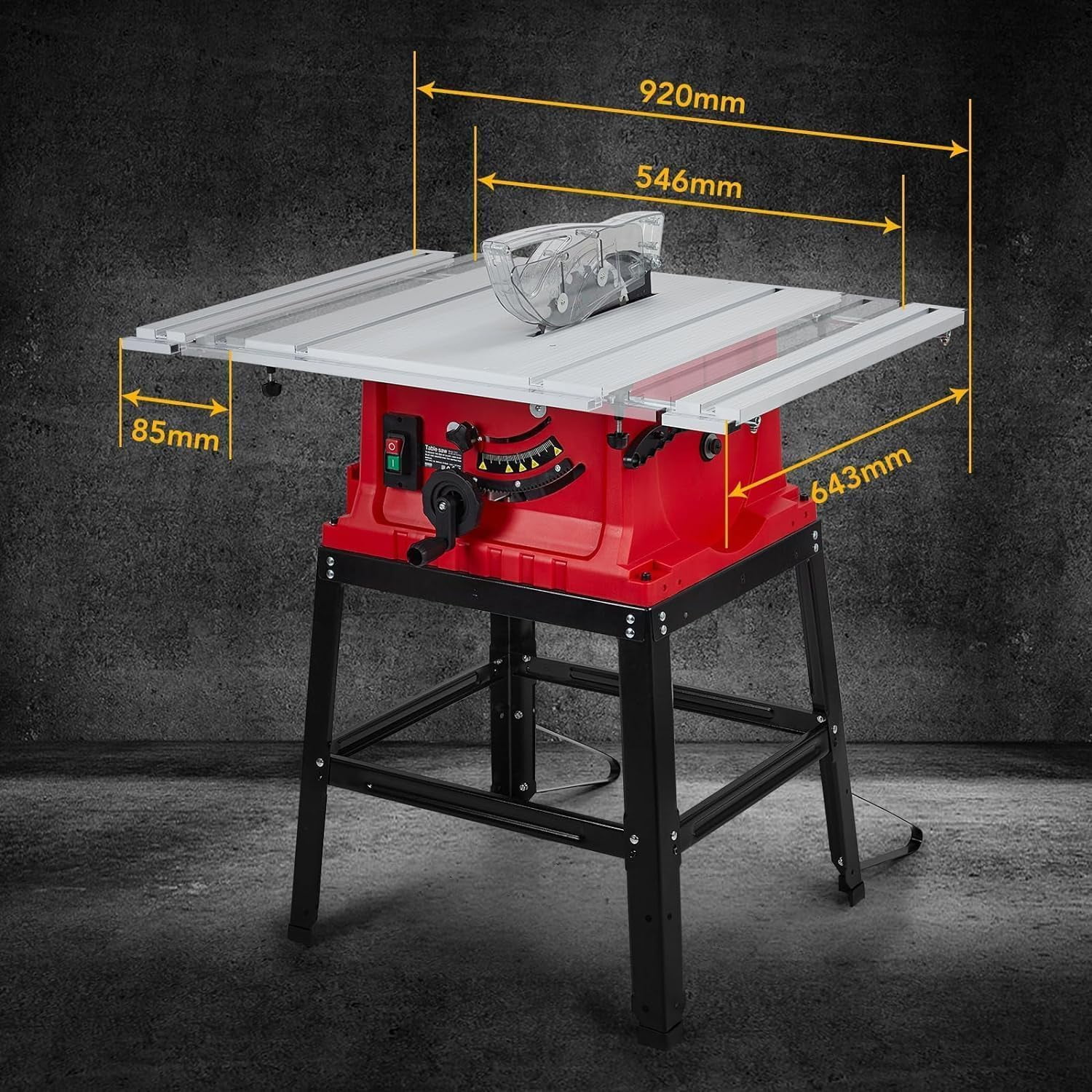 Table Saw, 10 Inch 15A Multifunctional Saw with Stand & Push Stick, 90° Cross Cut & 0-45° Bevel Cut, 5000RPM, Adjustable Blade Height for Woodworking, Red