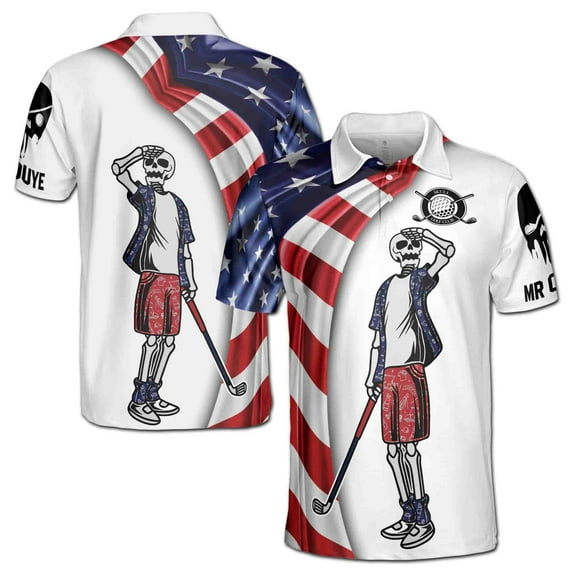 Custom Name Patriotic Skull Crazy Golf Men's Polo Shirt S-5XL