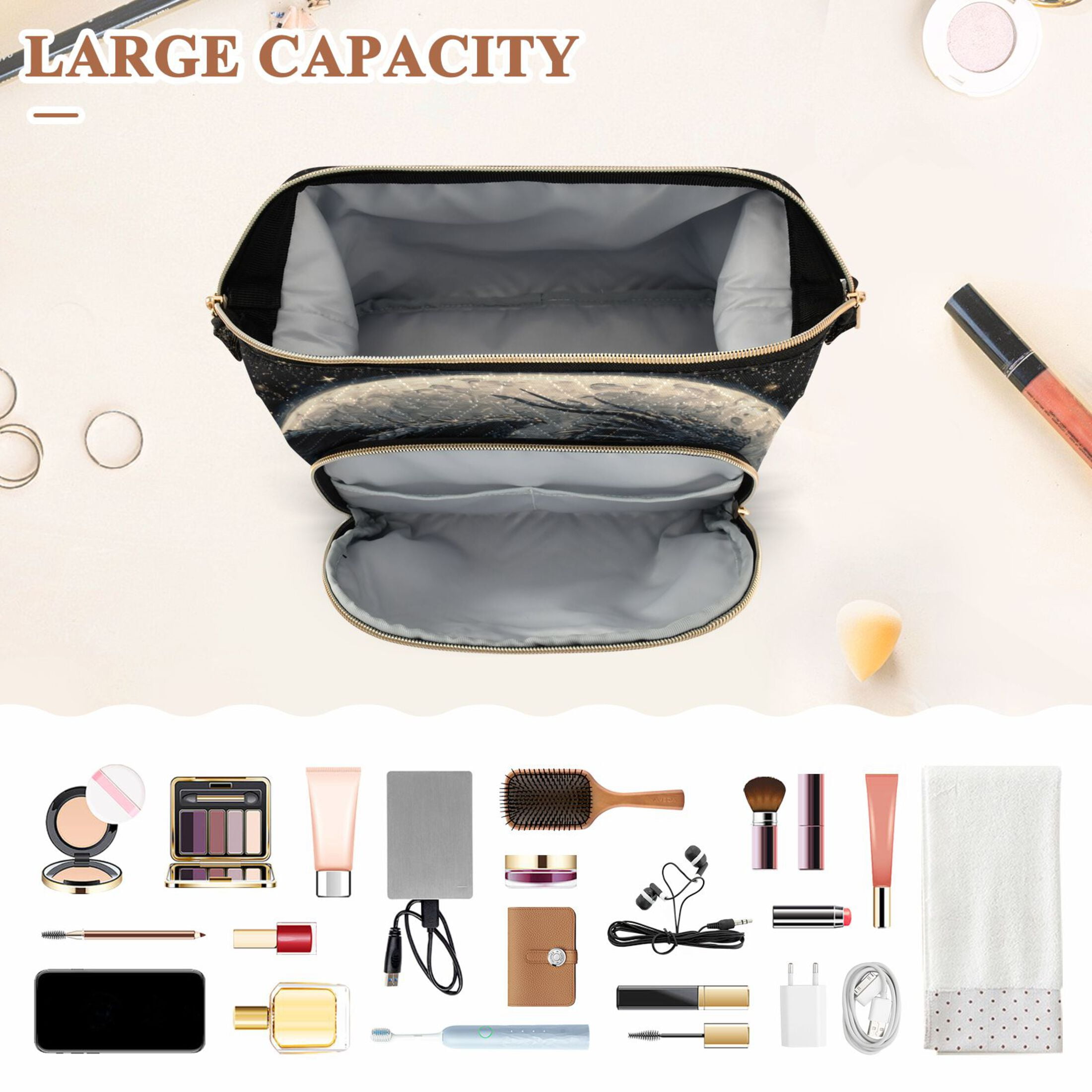 Wavy Quilted Cosmetic Bag Large-Capacity Travel Toiletry Organizer Includes 9-Piece Portable Travel Bottle Set Black Devil Dragon