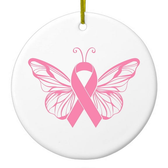 DistinctInk Hanging Ceramic Christmass Tree Ornament with Gold String - Great Gift / Present - 2 3/4 inch diameter - Pink Ribbon Cancer - Butterfly