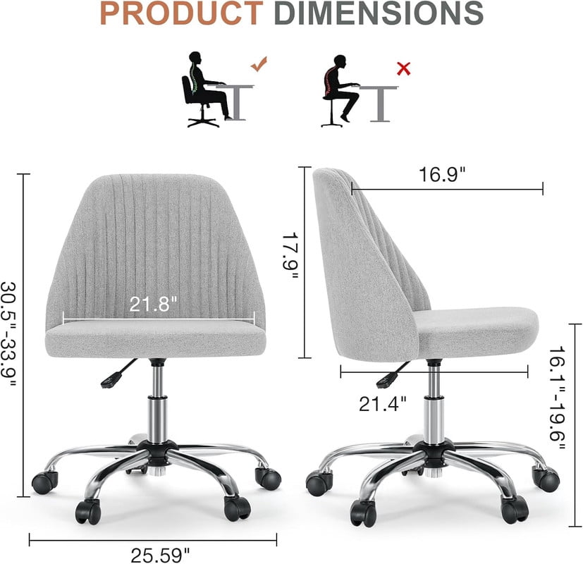 Sybels Modern Office Chair: Armless Swivel Desk Chair with Wheels, Adjustable Height Rolling Task Chair for Home, Dorm，Light Gray