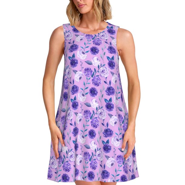 Fotbe Violet Vestido de Verano sin Mangas para Mujer – Vestido Midi Línea A, Estilo Camiseta Floral, Vestido Playero Casual y Fluido
