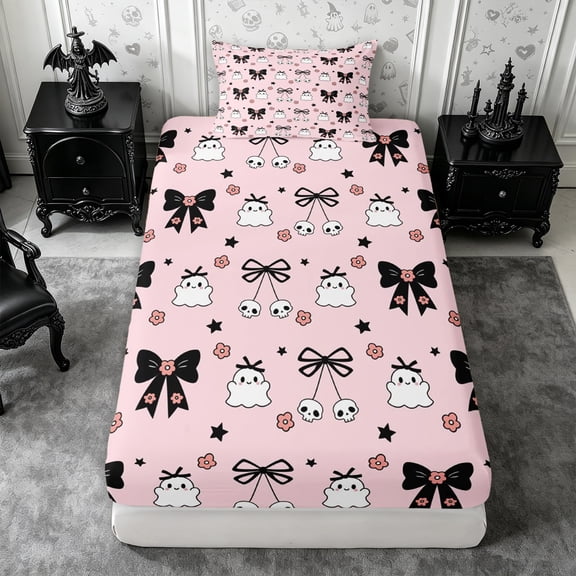 Erosebridal Spooky Bows Twin Fitted Sheet 2 Pieces,Cute Halloween Bedding,Pink,1 Fitted Sheet and 1 Pillowcase