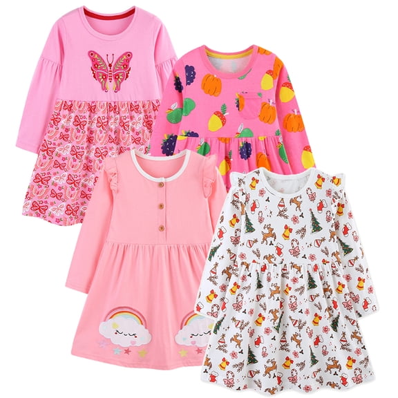 Bellafa Toddler Girl's Long Sleeve Dresses 2-7Y Kids 100% Cotton Applique Skirt Dress Baby Spring Fall Casual Dress