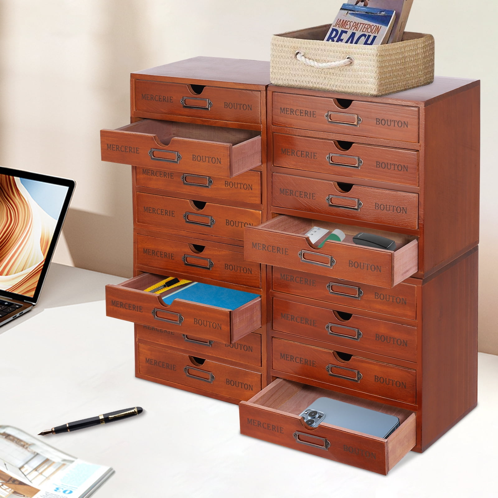 Peakora 4PCS 16-Drawer Wooden Desk Organizer Pine Wood Storage Drawers Vintage Shelf Drawer Desktop Organizer with Drawers Retro Style Storage Box Desktop Storage for Office Study Bedroom Dresser