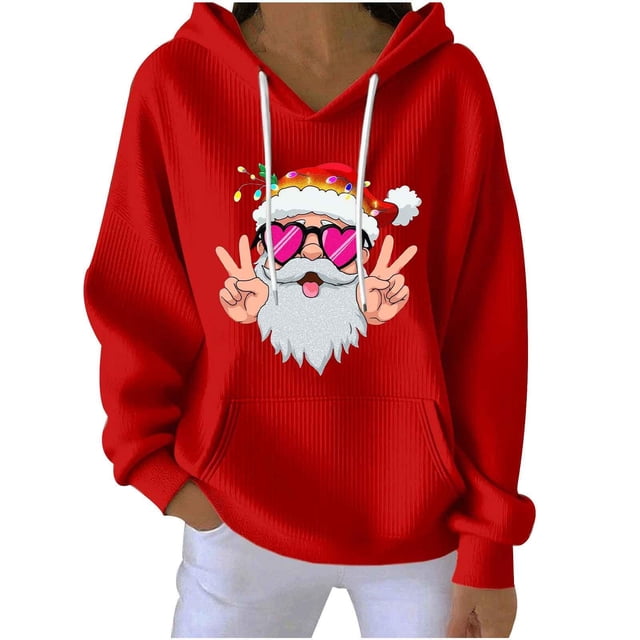 Birdeem Chandail à Capuchon de Noël pour Femme, Manches Longues, Col Rond avec Poche, Haut à Capuchon Imprimé